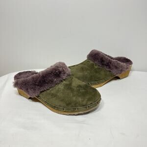 Unbranded Clogs Swedish Olive Suede Studded Purple Fur Boho Hippie Wooden 39/8.5